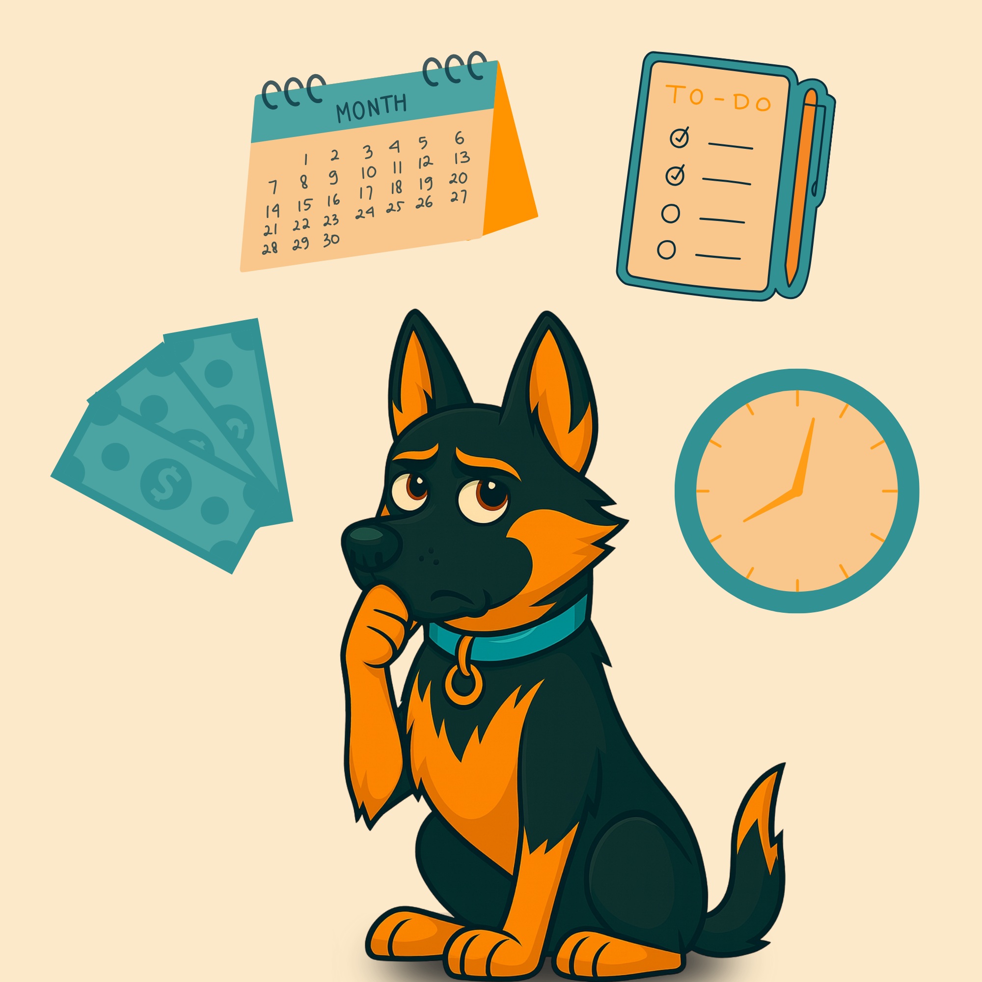 Stark the Dog Managing Tasks Illustration An illustration of Stark, a thoughtful-looking black and orange dog, sitting surrounded by floating icons including a calendar, to-do list, clock, and dollar bills, representing stress, workload, and finding balance.
