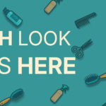 Graphic banner with the text ‘A Fresh Look Starts Here’ featuring Stark the dog in a blowout dryer helmet, surrounded by illustrated hair styling tools