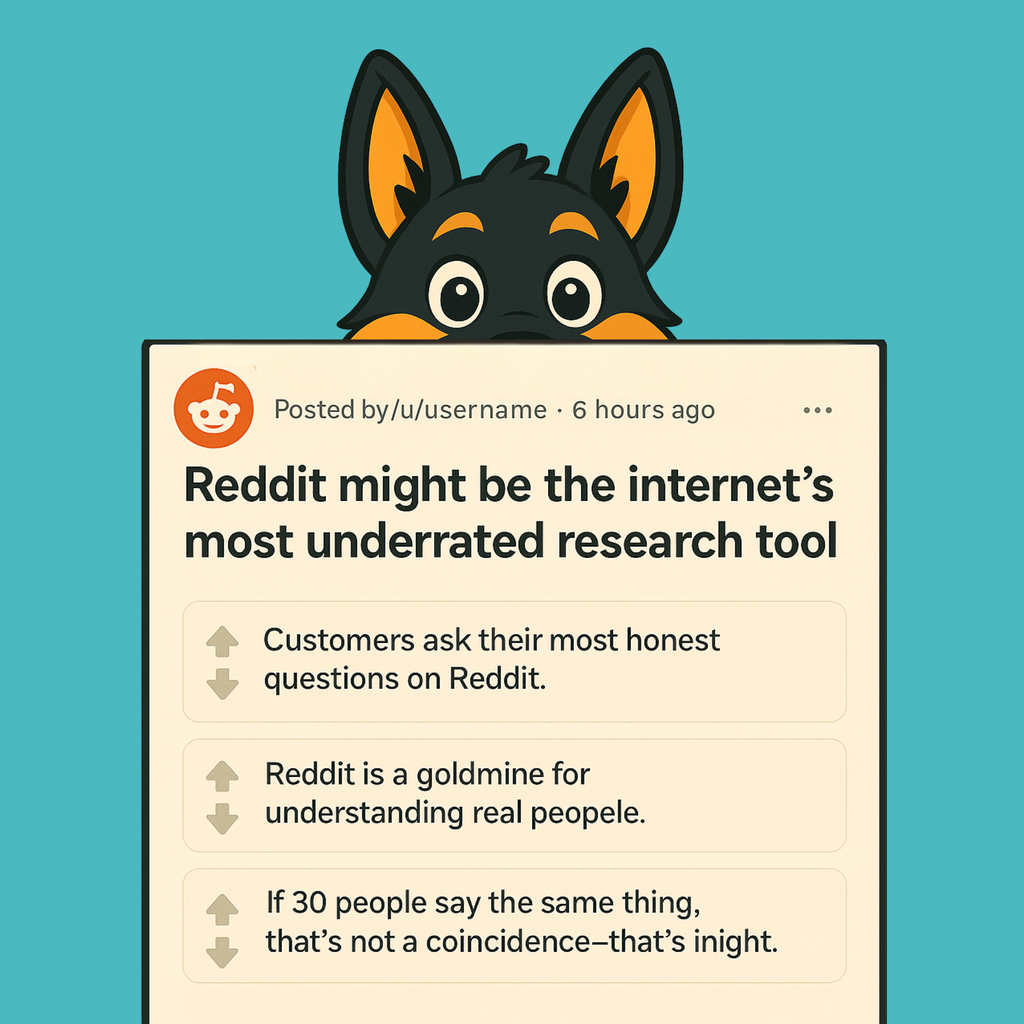 Cartoon illustration of Stark the dog peeking over a mock Reddit post about Reddit being an underrated research tool.