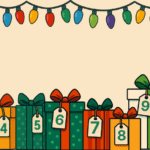 A festive row of twelve Christmas presents in different colors and sizes, each labeled with a numbered gift tag from 1 to 12. Colorful string lights hang across the top against a cream background.