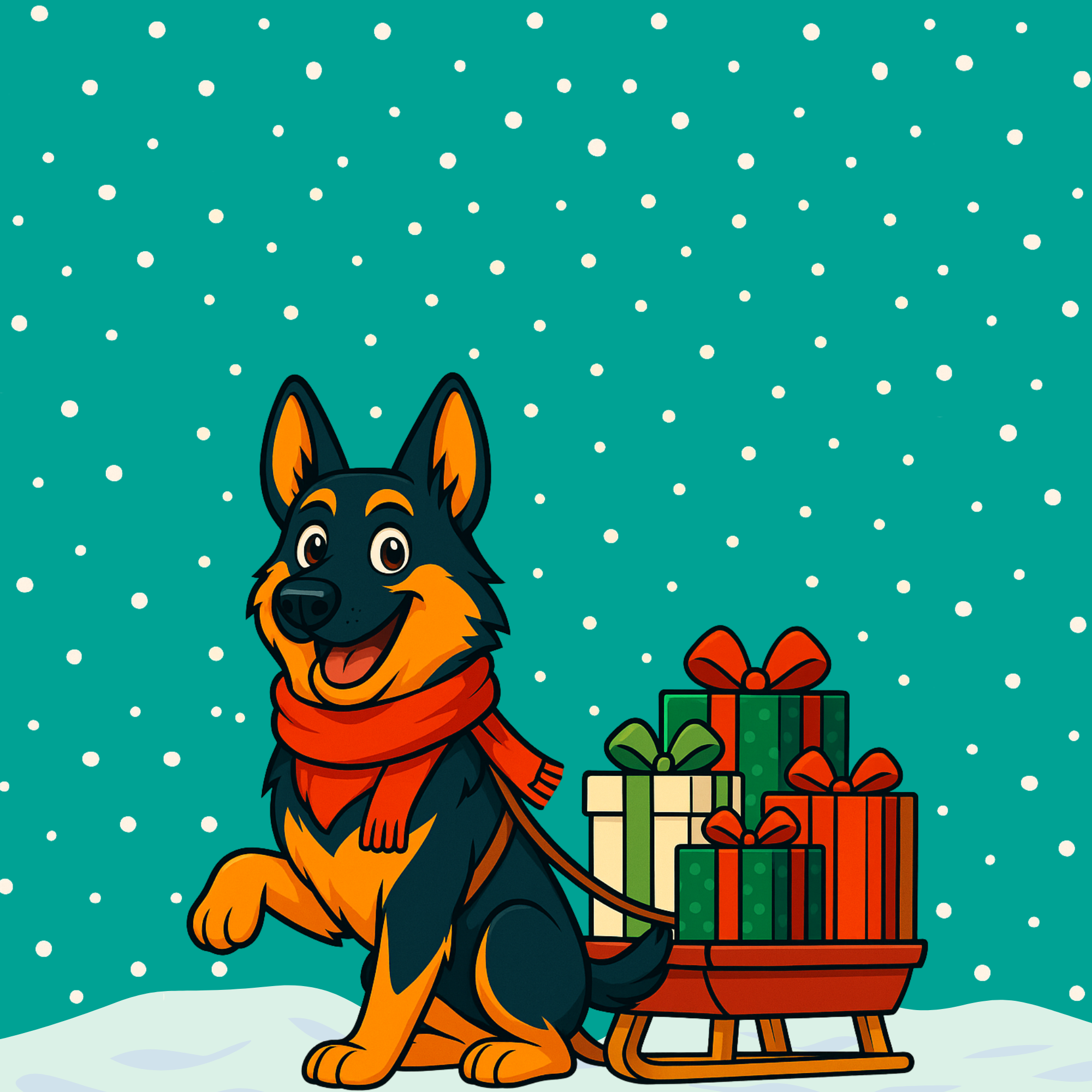 A cartoon German Shepherd wearing a red scarf pulls a wooden sled stacked with colorful wrapped presents. Snow falls against a teal sky, creating a festive holiday scene.