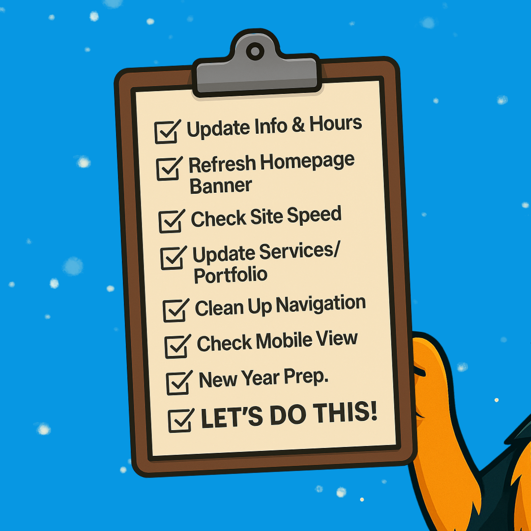Illustrated clipboard held by Cartoon Stark’s paw, shown against a snowy blue background with a website holiday checklist written on the page.