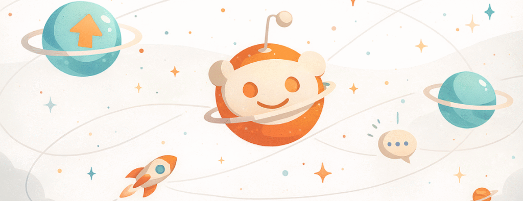 Space-themed illustration of the Reddit alien logo styled as a planet, surrounded by stars, planets, a rocket, and upvote icons.