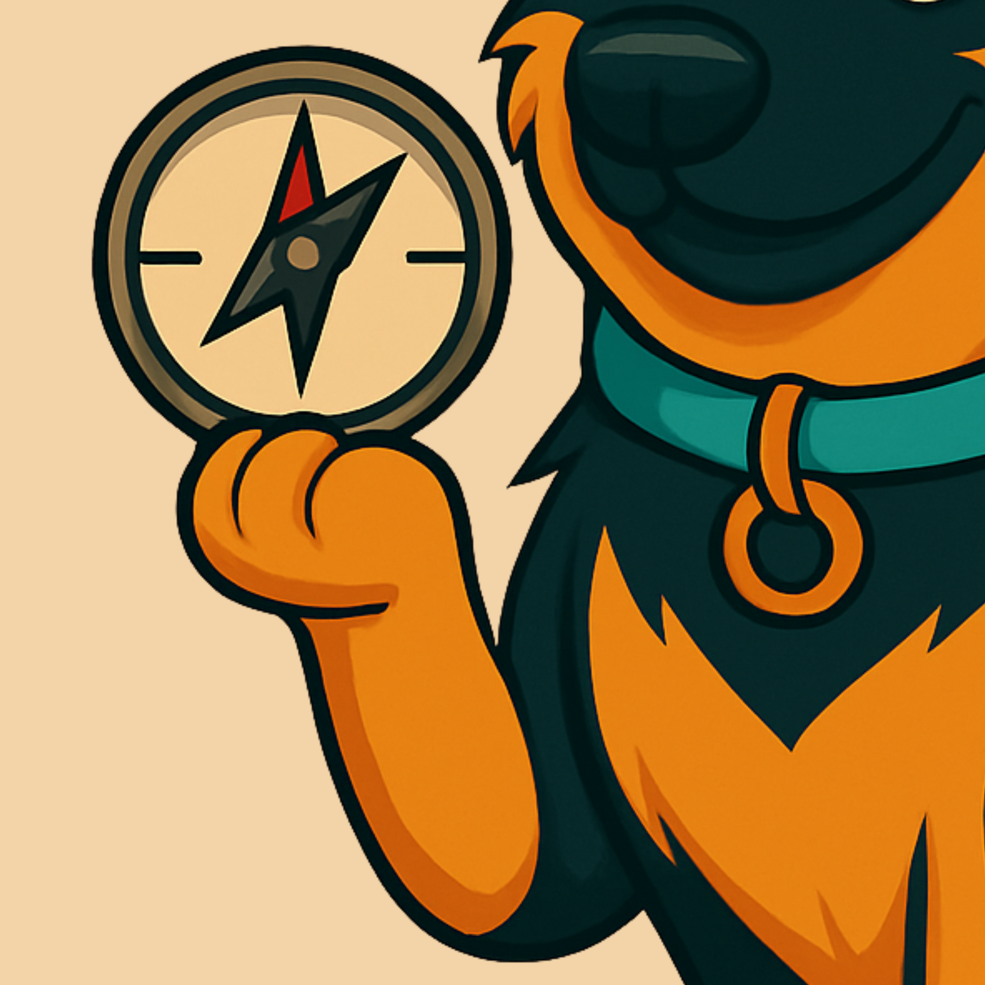 Illustration of Stark the German Shepherd mascot, holding a simple compass icon in one paw, drawn in a clean graphic style.