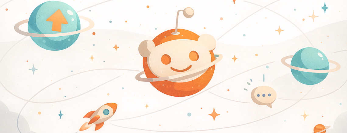 Space-themed illustration of the Reddit alien logo styled as a planet, surrounded by stars, planets, a rocket, and upvote icons.
