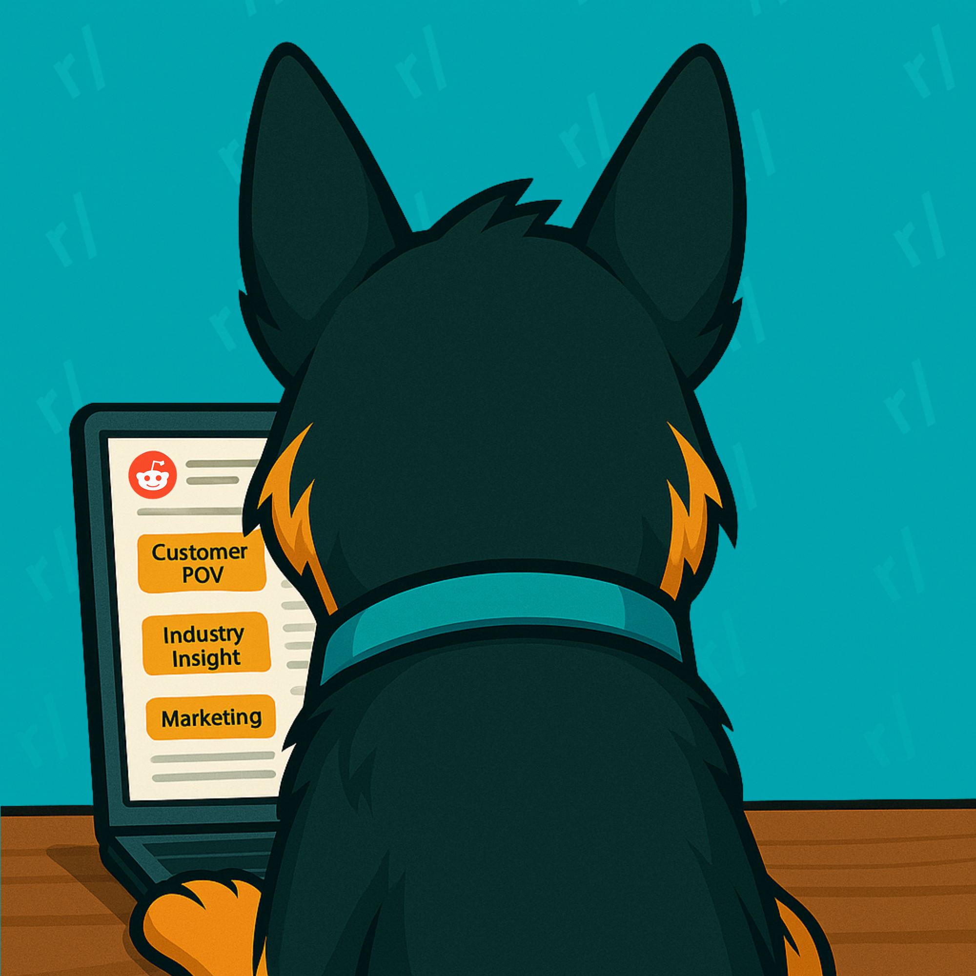 Illustration of the Stark Create German Shepherd mascot seen from behind, sitting at a desk and looking at a laptop screen displaying Reddit categories.