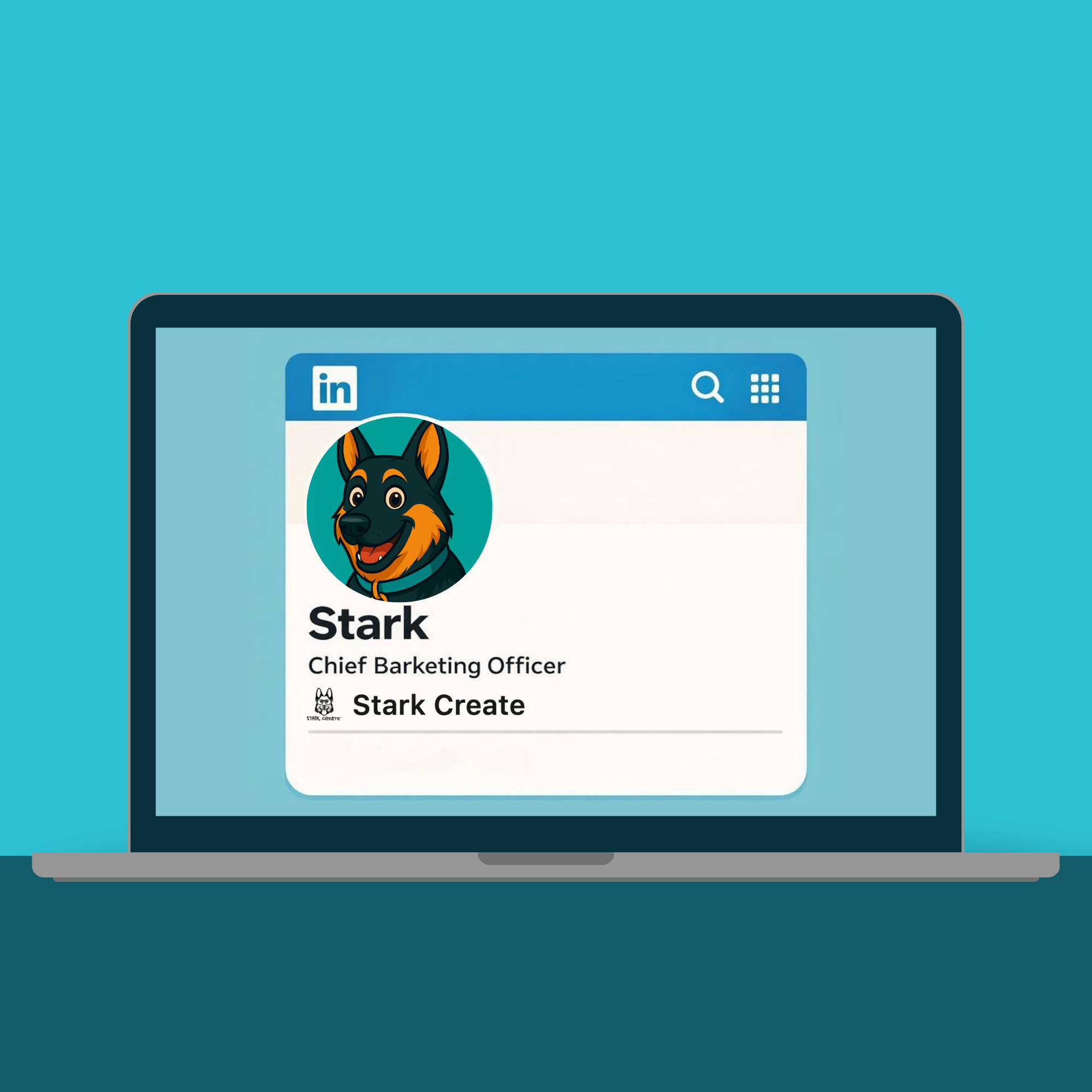 Illustration of a laptop displaying a LinkedIn profile for Stark, Chief Barketing Officer at Stark Create, representing the importance of building a strong LinkedIn profile.