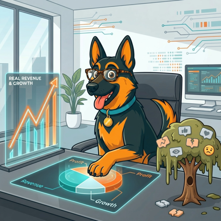 Cartoon German Shepherd wearing glasses sitting at an office desk, interacting with a glowing holographic pie chart labeled "Revenue," "Growth," and "Profit," next to a dying tree covered in social media icons.