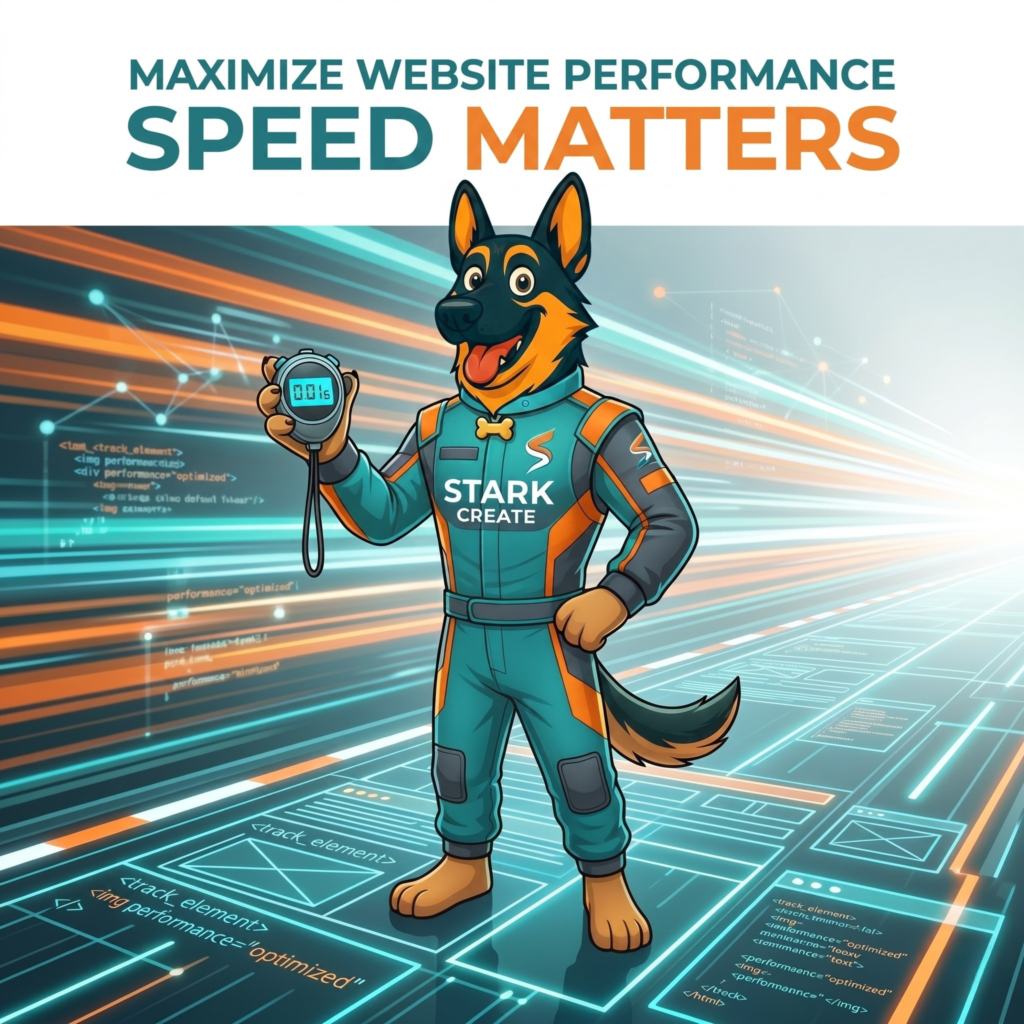 Cartoon German Shepherd wearing a teal and orange racing suit, holding a digital stopwatch showing a fast load time on a futuristic digital highway.
