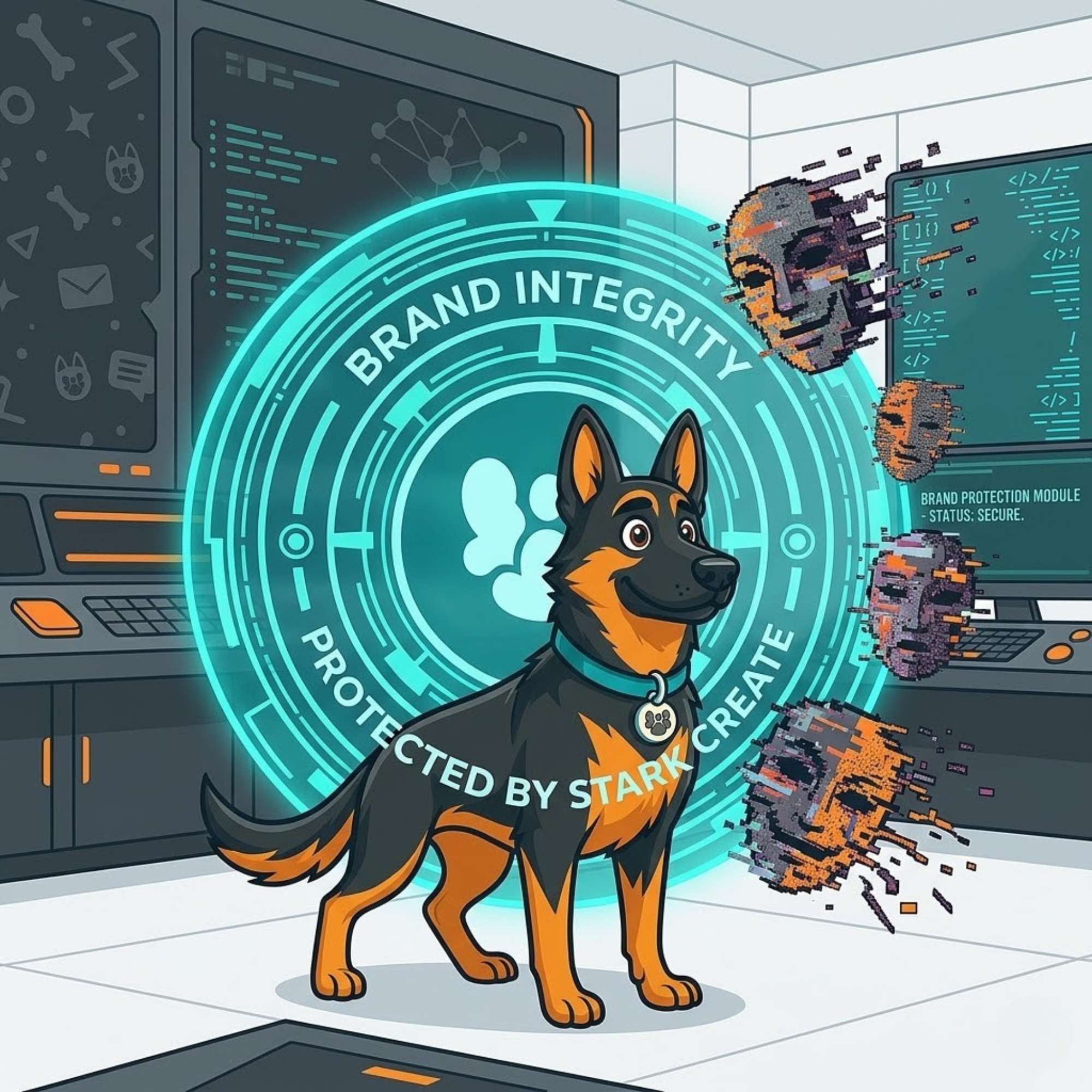 Cartoon German Shepherd standing inside a glowing blue security shield labeled "Brand Integrity Protected by Stark Create," defending against pixelated digital masks.