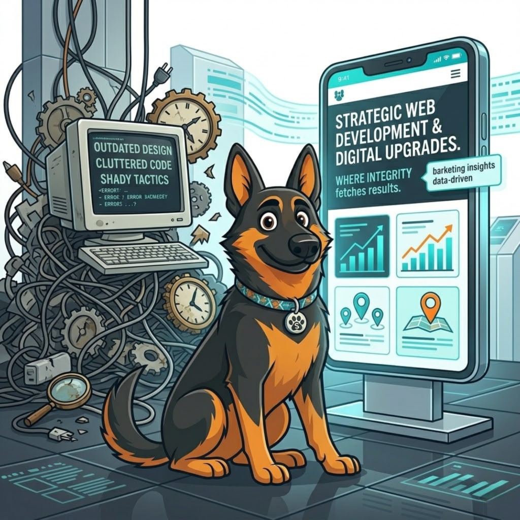 Cartoon German Shepherd sitting between a messy pile of outdated computer monitors and tangled wires, and a large modern smartphone displaying clean, strategic web development analytics.