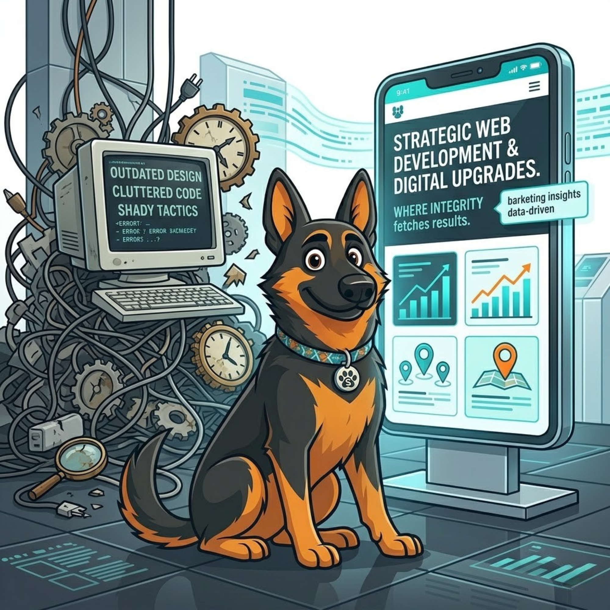 Cartoon German Shepherd sitting between a messy pile of outdated computer monitors and tangled wires, and a large modern smartphone displaying clean, strategic web development analytics.