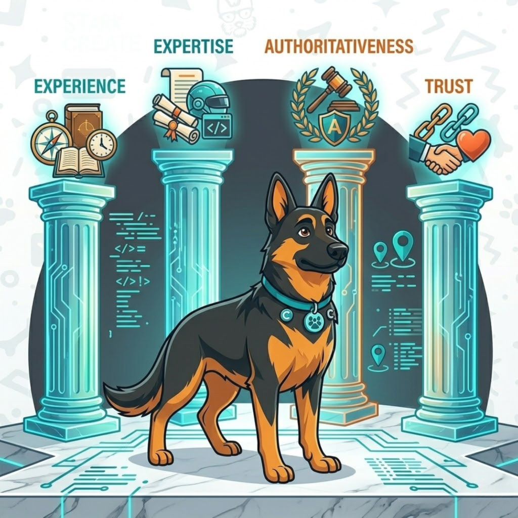 Cartoon German Shepherd standing on a marble platform surrounded by four glowing tech pillars representing Google's E-E-A-T core components: Experience, Expertise, Authoritativeness, and Trust.