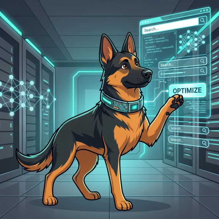 Cartoon German Shepherd wearing a glowing tech collar inside a futuristic server room, using its paw to interact with a holographic search interface and an "OPTIMIZE" button.