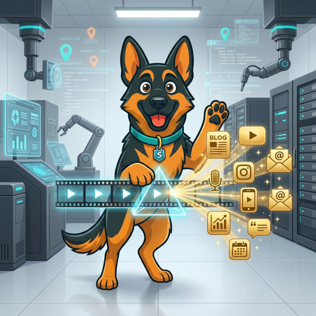 Cartoon German Shepherd in a media server room passing a strip of film through a glowing prism, multiplying it into distinct golden icons for blogs, email, podcasts, and social platforms.