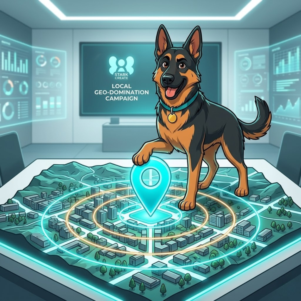 Cartoon German Shepherd standing on a table behind a 3D digital architectural map model of a city, pressing down on a bright teal location map pin centered within radar rings.