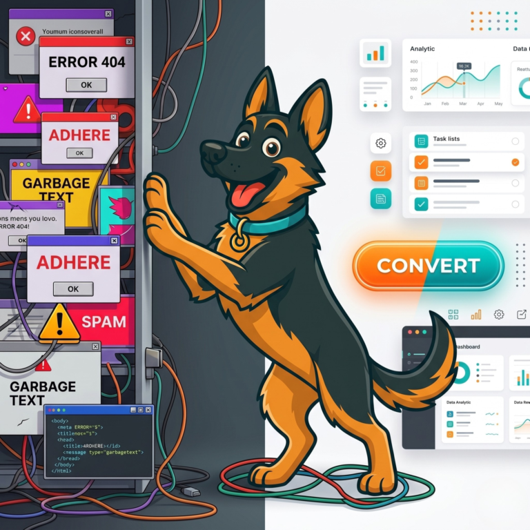 Split-screen illustration with a happy cartoon German Shepherd separating a chaotic wall of technical pop-up errors and tangled cables from a clean, high-converting minimalist website dashboard.