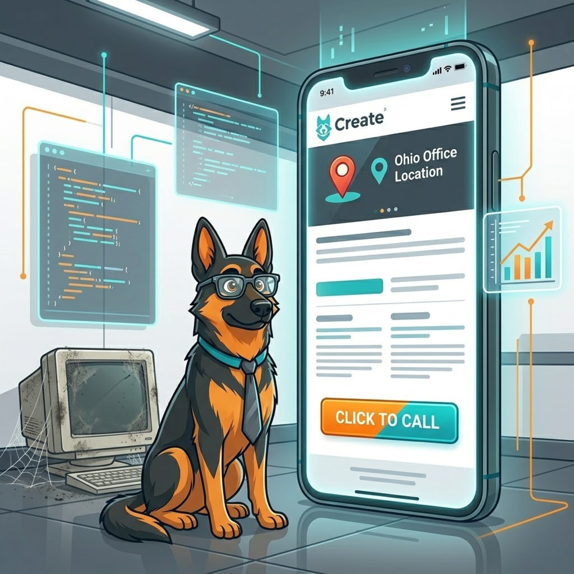 Cartoon German Shepherd wearing glasses and a business tie sitting next to a massive modern smartphone screen, contrasting it with a dusty, web-covered desktop computer.
