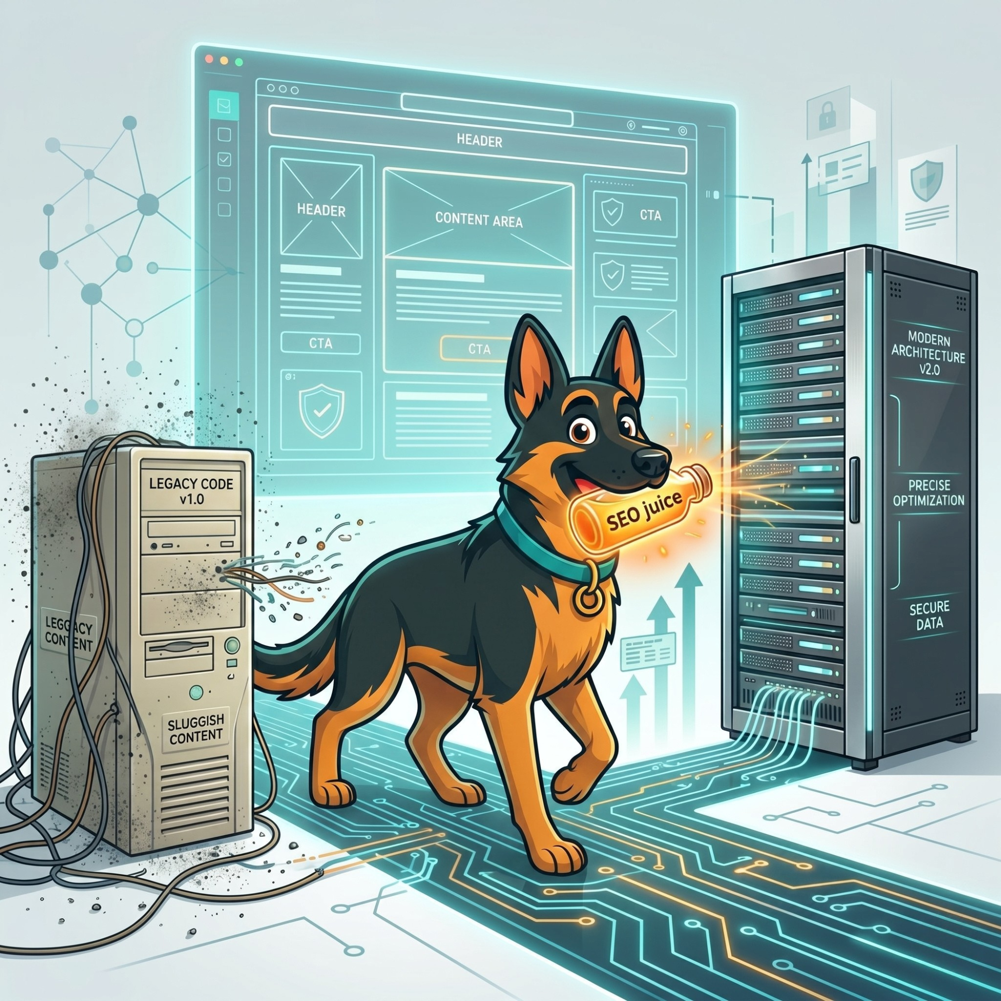Cartoon German Shepherd carrying a glowing orange bottle labeled "SEO juice" in its mouth, moving along a modern circuit path from an old, dusty computer tower to a sleek new server rack.