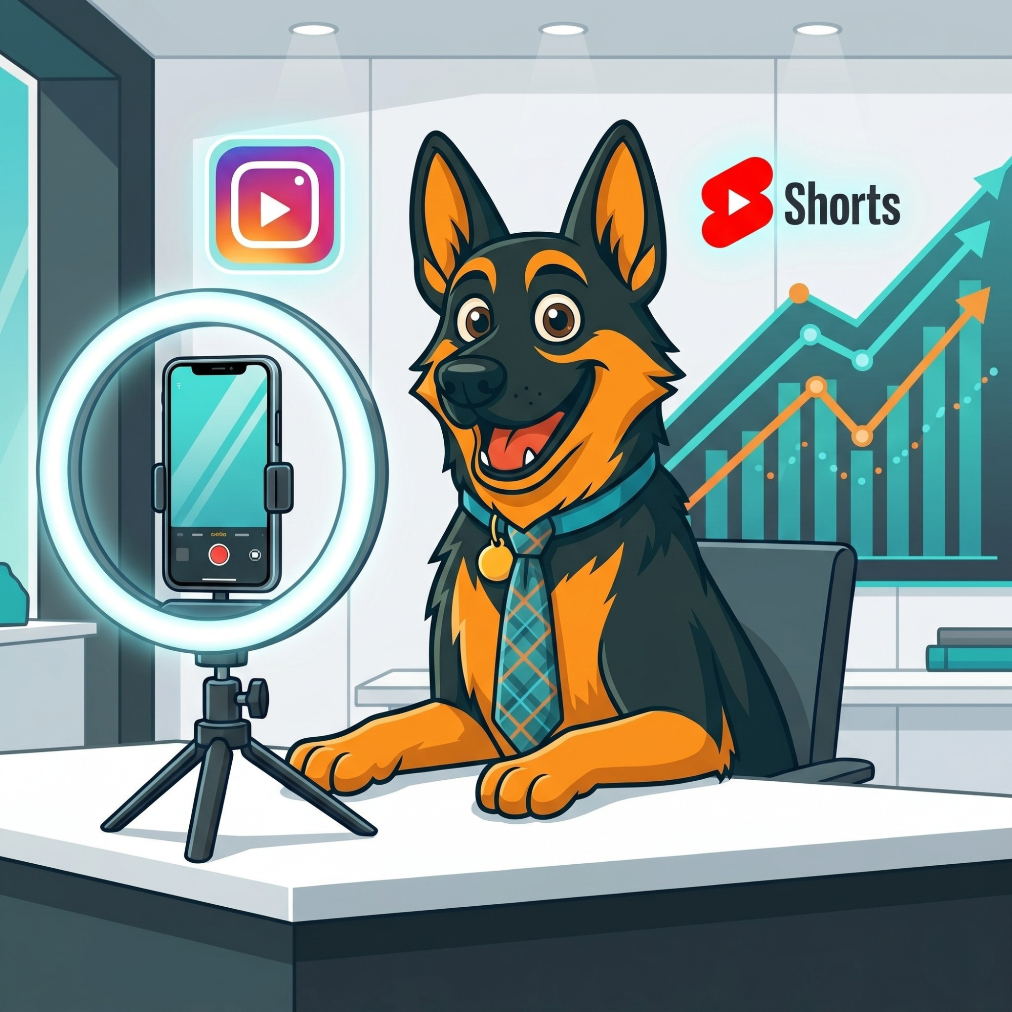 Cartoon German Shepherd wearing a patterned blue necktie sitting at an office desk behind a professional ring light and smartphone setup, filming short-form video content.