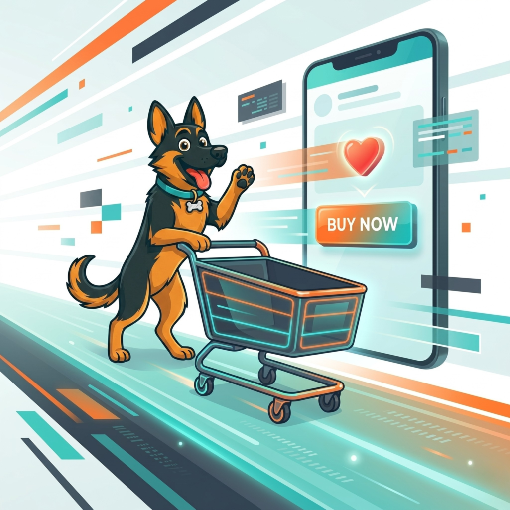 Cartoon German Shepherd waving while pushing an empty shopping cart along a fast-moving, glowing digital highway next to a large smartphone showing a "BUY NOW" button.
