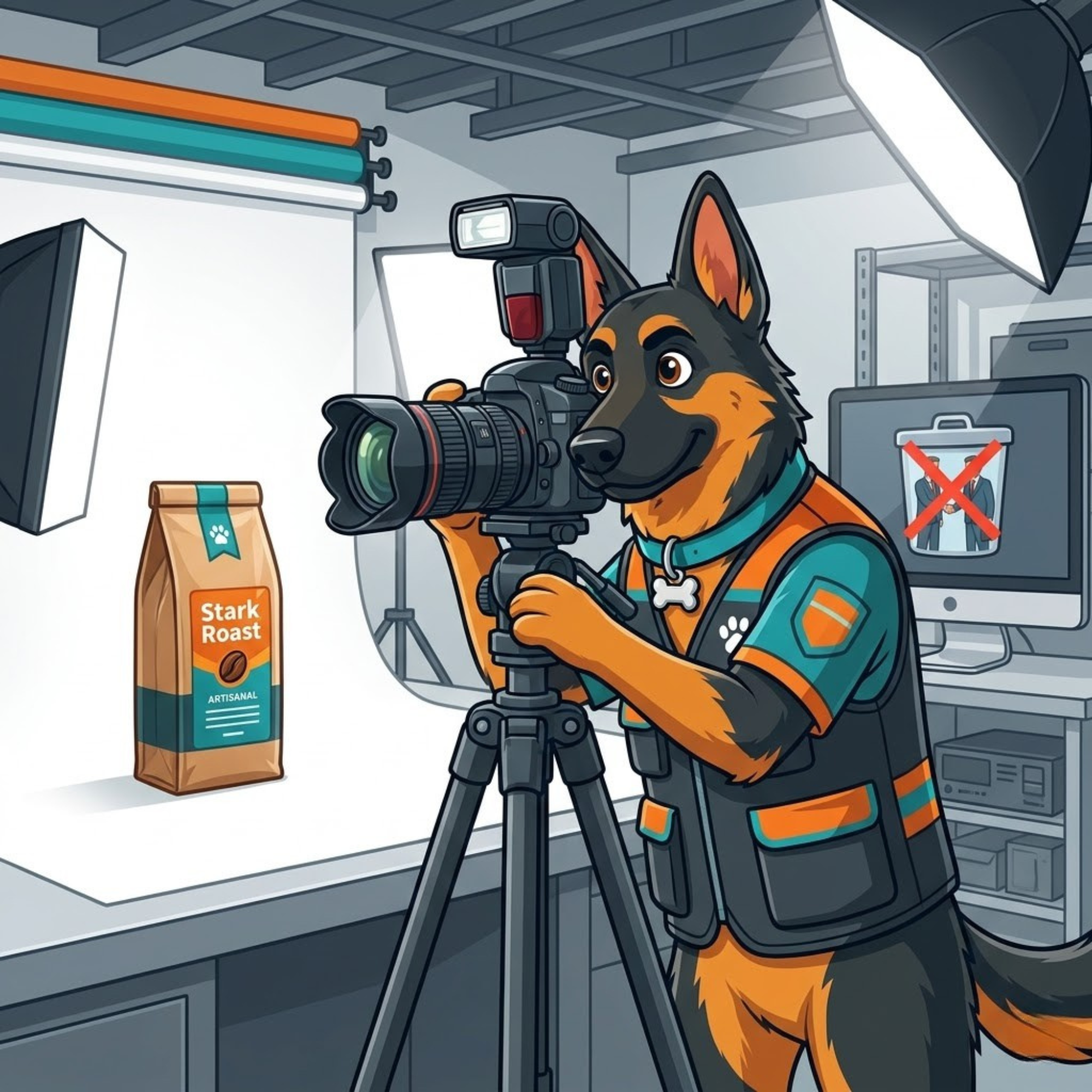 Cartoon German Shepherd wearing a photographer vest while looking through a professional camera on a tripod, shooting a bag of coffee labeled "Stark Roast Artisanal" in a studio setup.