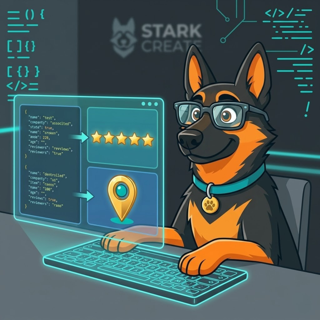 Cartoon German Shepherd wearing glasses typing on a glowing neon keyboard, looking at a translucent floating monitor that translates structured code into rich search results.