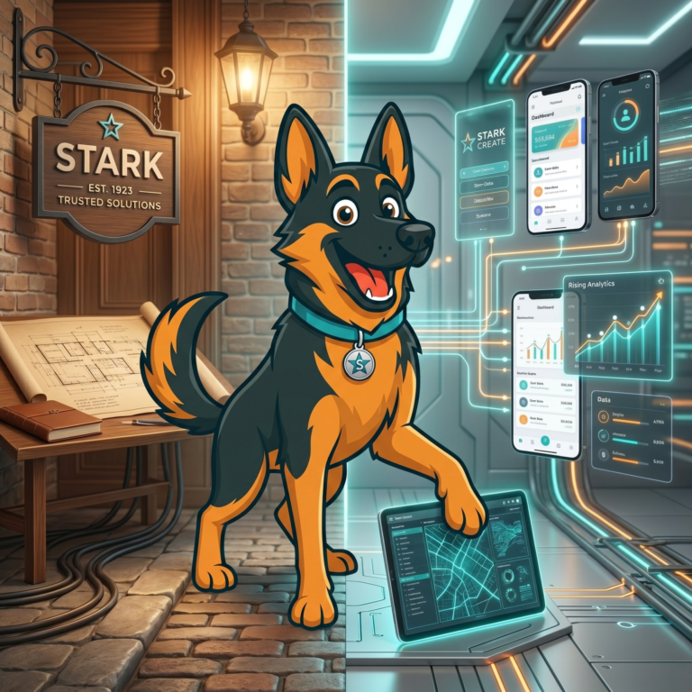 Split-screen illustration showing a cartoon German Shepherd bridging a traditional brick storefront with a high-tech digital environment filled with mobile app analytics.