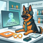 Cartoon German Shepherd wearing a telephone headset and a patterned corporate tie at an executive desk, reviewing a customer retention dashboard on a computer screen.