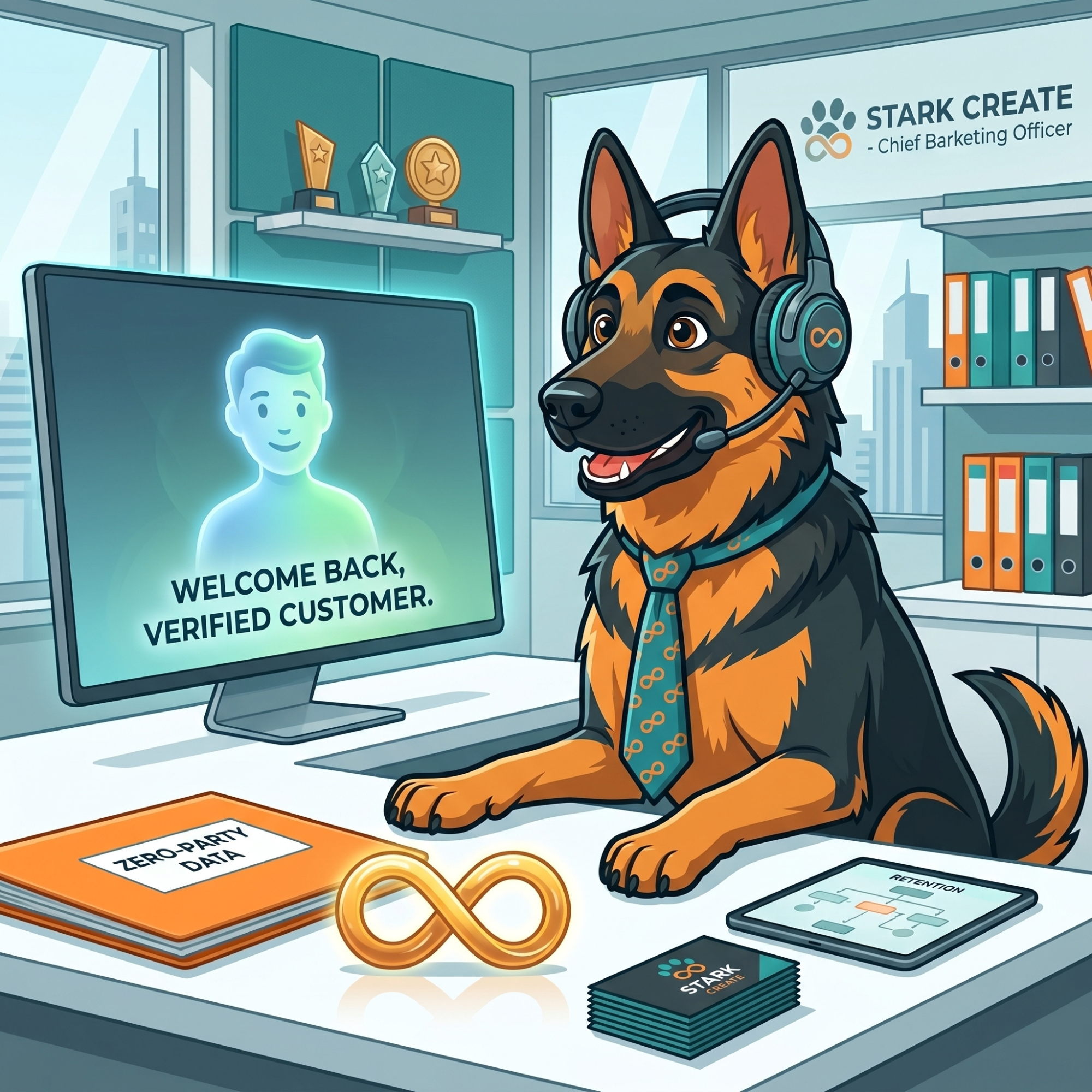 Cartoon German Shepherd wearing a telephone headset and a patterned corporate tie at an executive desk, reviewing a customer retention dashboard on a computer screen.
