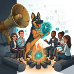 Cartoon German Shepherd holding a glowing target-heart map icon, leading a tight-knit community circle around a campfire next to a cracked, neglected megaphone.