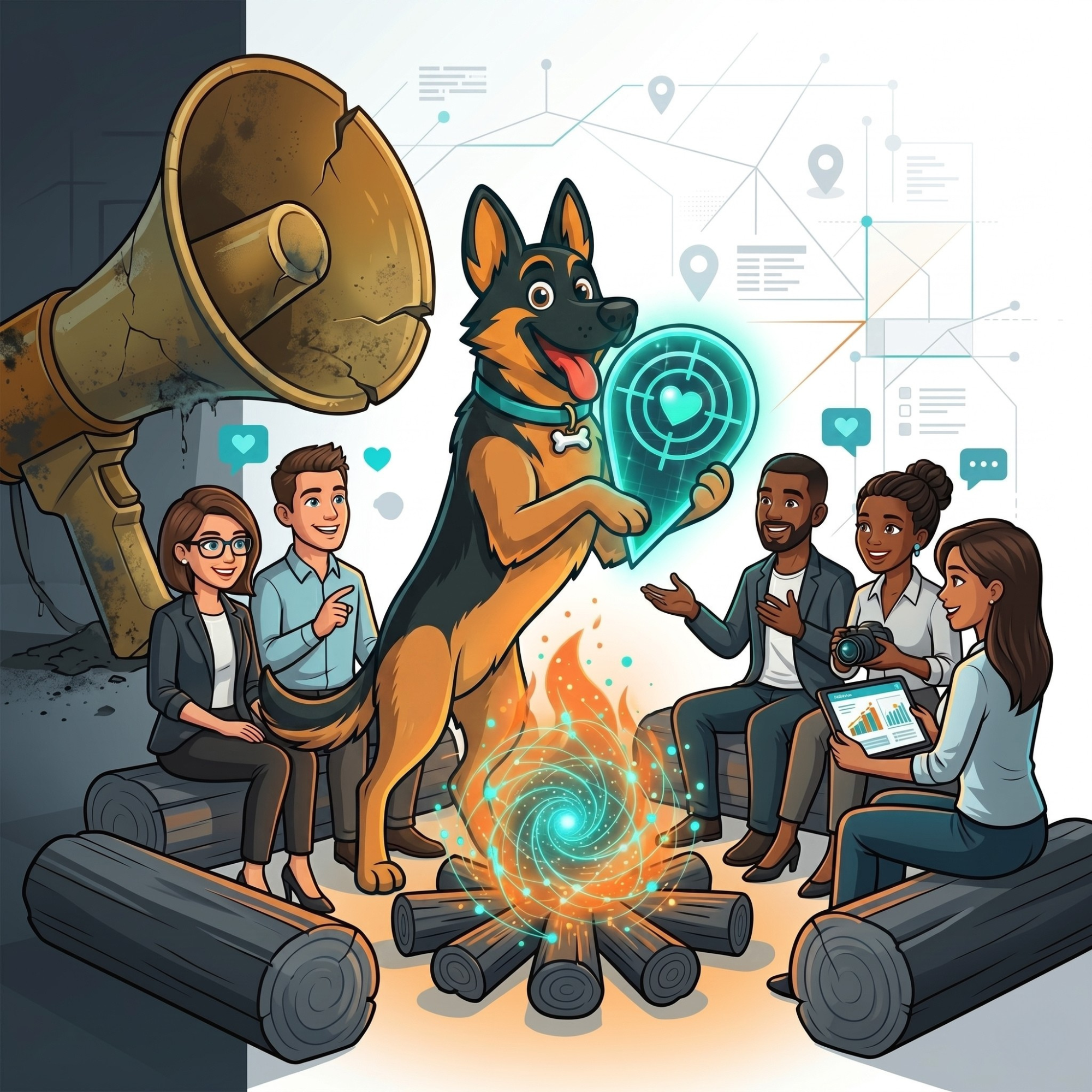 Cartoon German Shepherd holding a glowing target-heart map icon, leading a tight-knit community circle around a campfire next to a cracked, neglected megaphone.