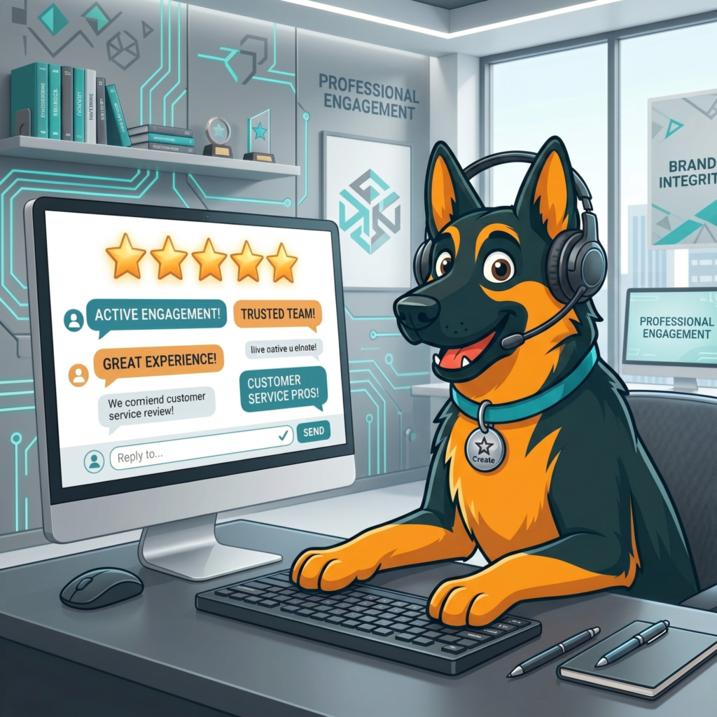 Cartoon German Shepherd wearing a headset while sitting at a computer desk, typing a response to positive customer reviews on a monitor displaying a five-star rating.