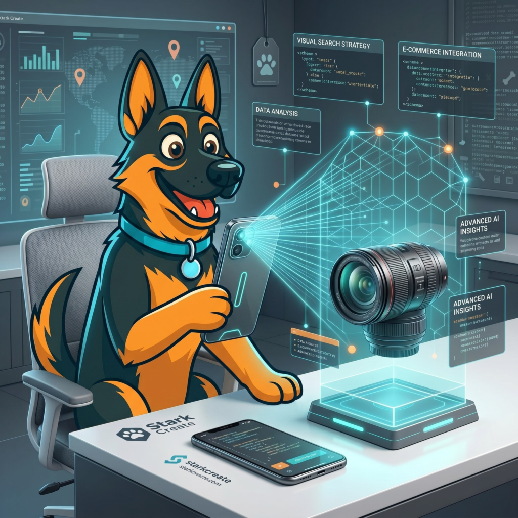 Cartoon German Shepherd in an office chair scanning a professional camera lens with a smartphone, generating a blue 3D holographic wireframe mesh for visual search analysis.
