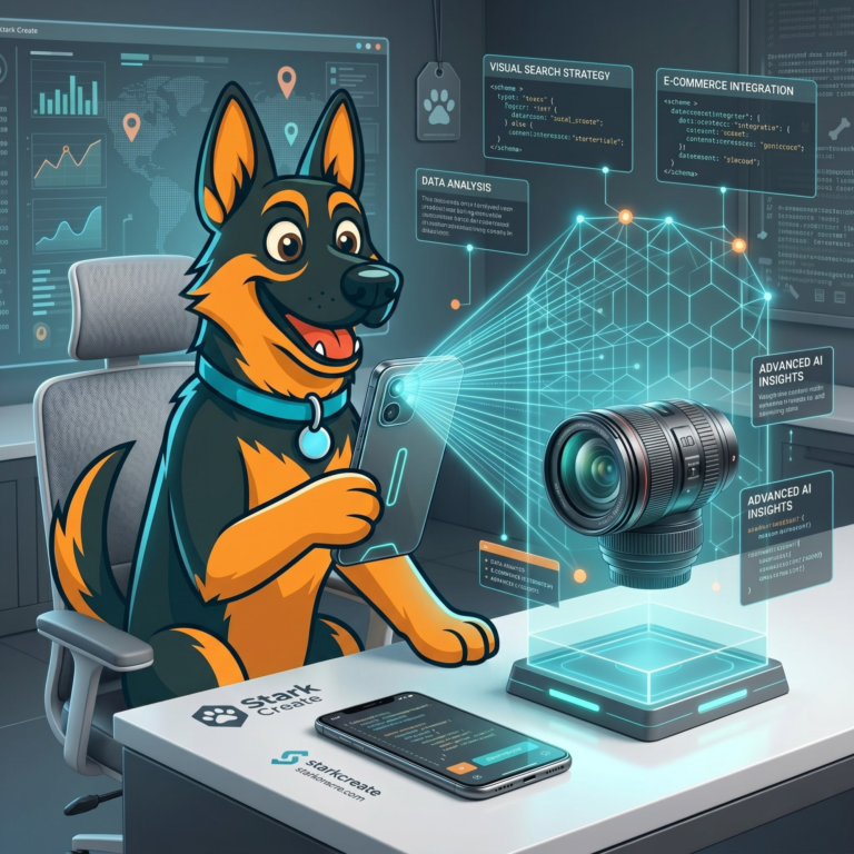 Cartoon German Shepherd in an office chair scanning a professional camera lens with a smartphone, generating a blue 3D holographic wireframe mesh for visual search analysis.