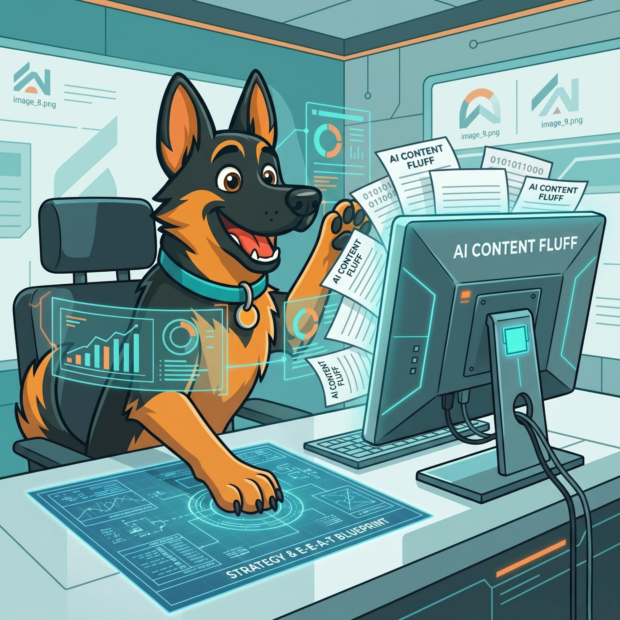 Cartoon German Shepherd at an office desk looking stressed as sheets of paper labeled "AI CONTENT FLUFF" overflow from a desktop computer screen, covering its strategy blueprint.