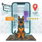 Cartoon German Shepherd sitting on a welcome mat in front of a giant smartphone screen that acts as an open doorway into a modern office, surrounded by local map markers and review stars.