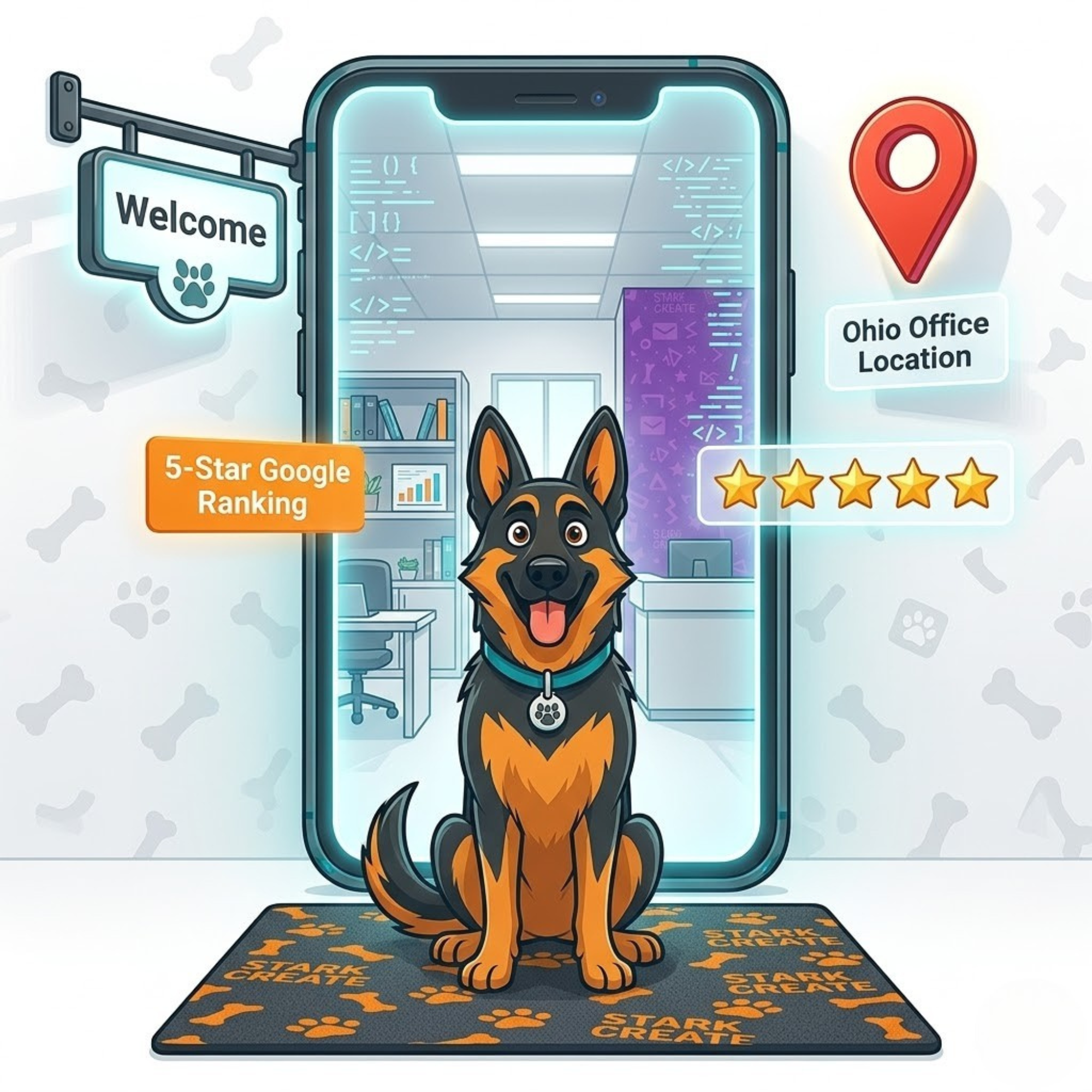 Cartoon German Shepherd sitting on a welcome mat in front of a giant smartphone screen that acts as an open doorway into a modern office, surrounded by local map markers and review stars.