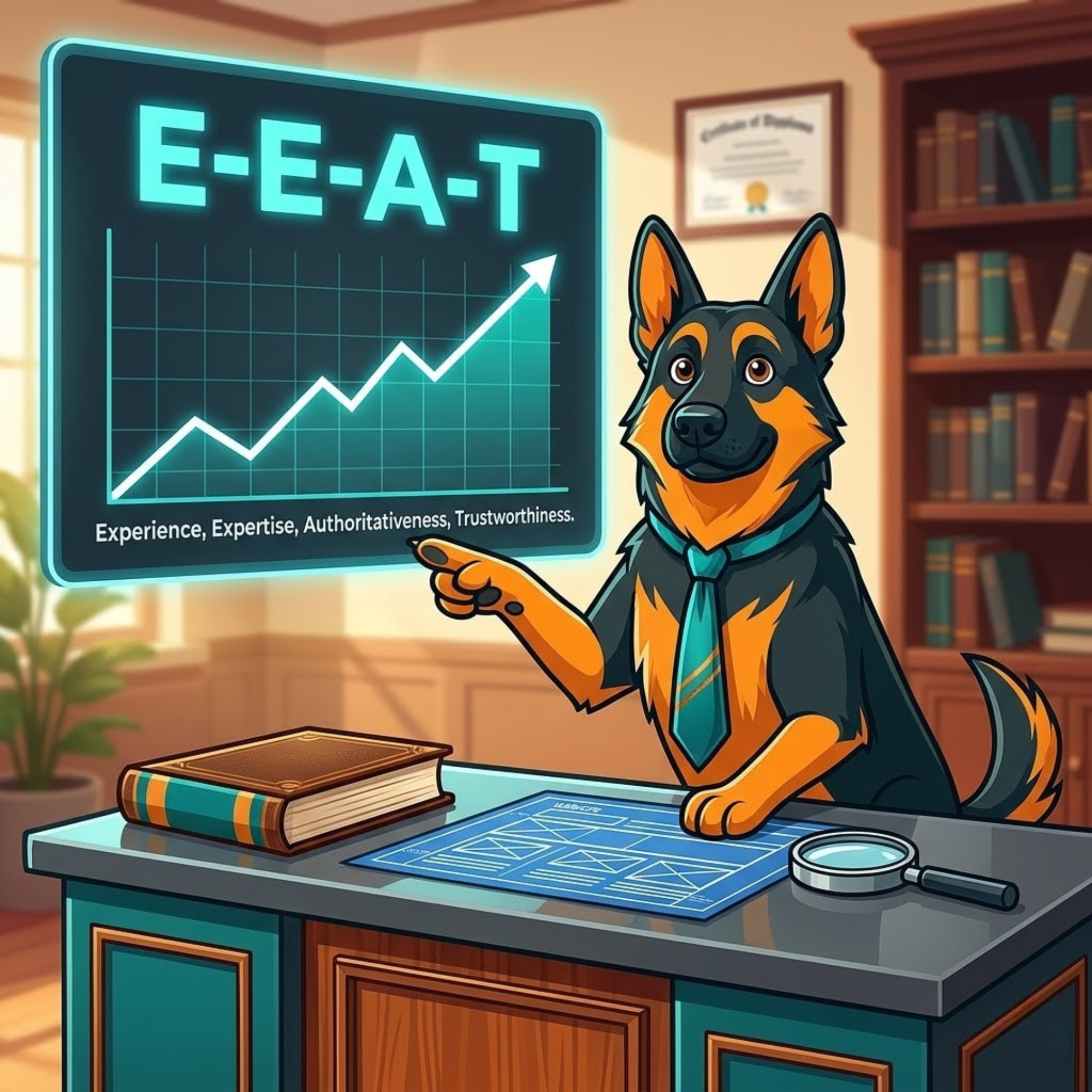 Cartoon German Shepherd wearing a professional tie, sitting at a classic wooden desk and pointing a paw toward a presentation screen showing a rising E-E-A-T growth chart.