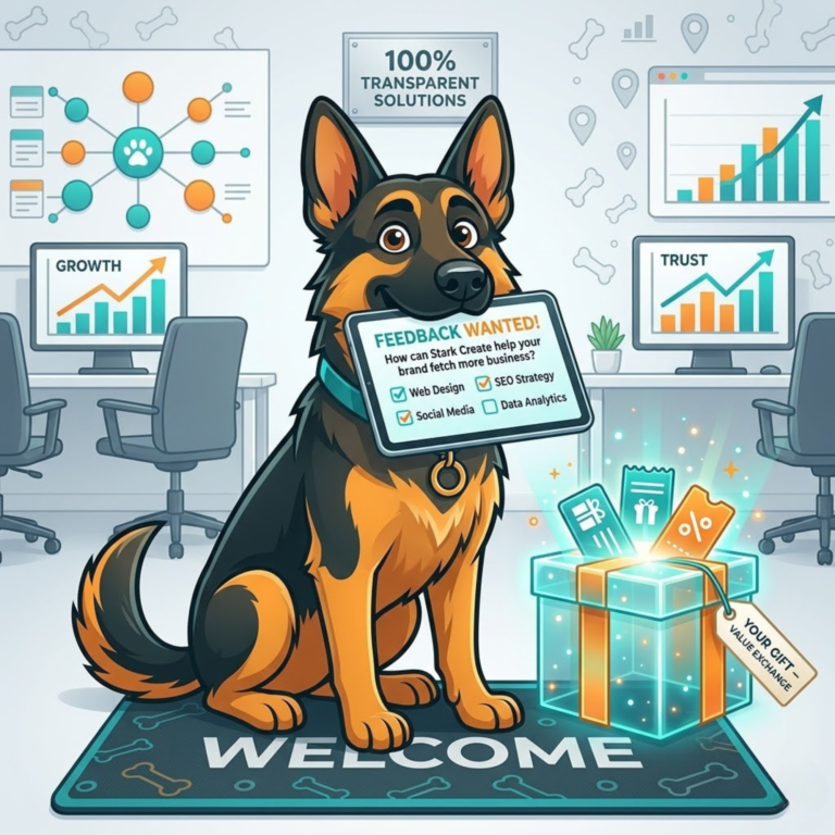 Cartoon German Shepherd sitting in an office holding a feedback tablet in its mouth next to a glowing transparent gift box, illustrating a transparent value exchange.