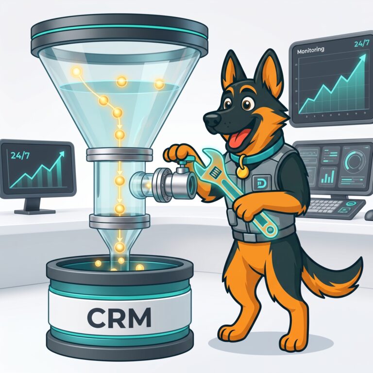 Cartoon German Shepherd using a glowing blue wrench to adjust a pipe on a glass conversion funnel leading into a CRM basin