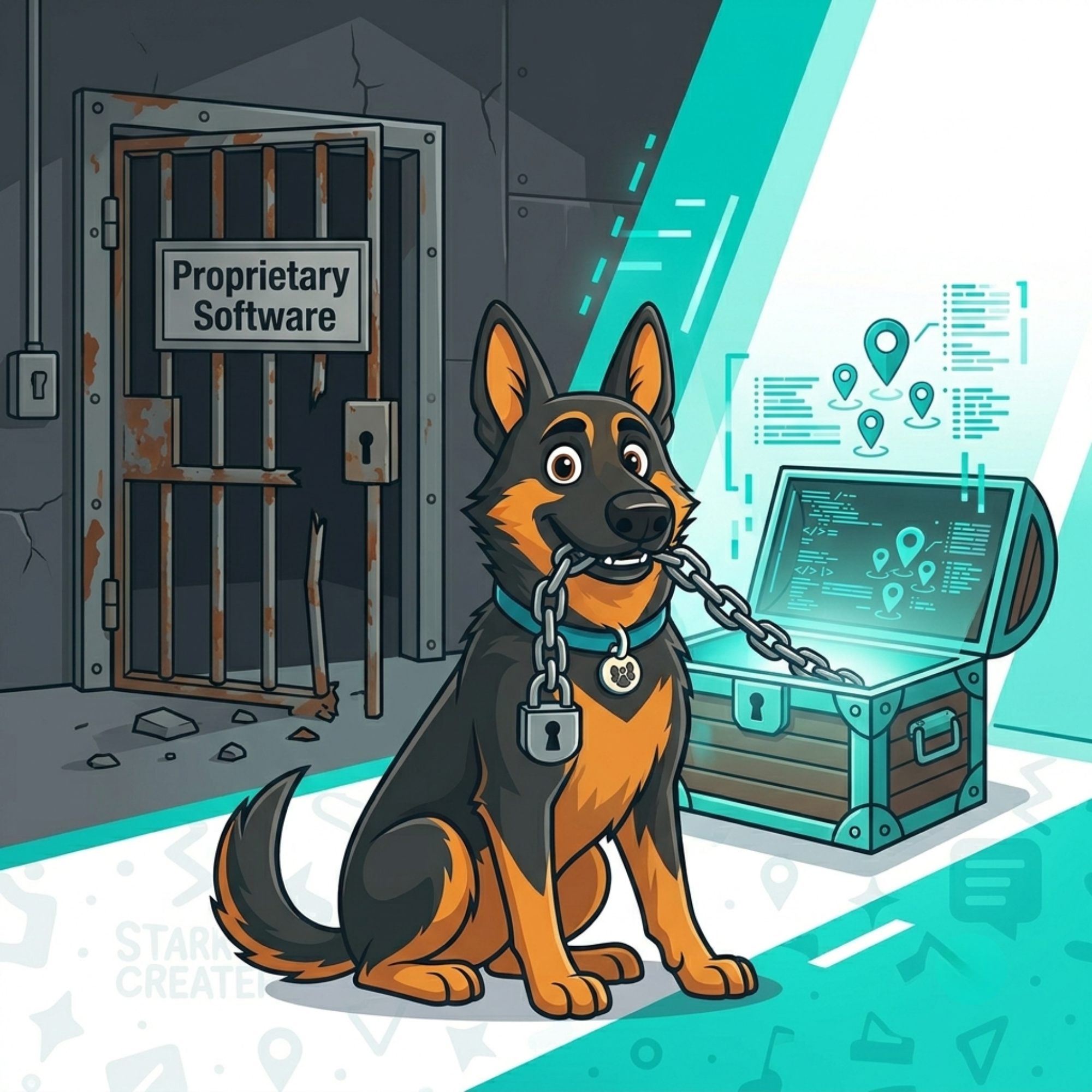 Cartoon German Shepherd sitting shackled by a heavy chain attached to an open treasure chest of data, with a locked prison door labeled Proprietary Software behind it.