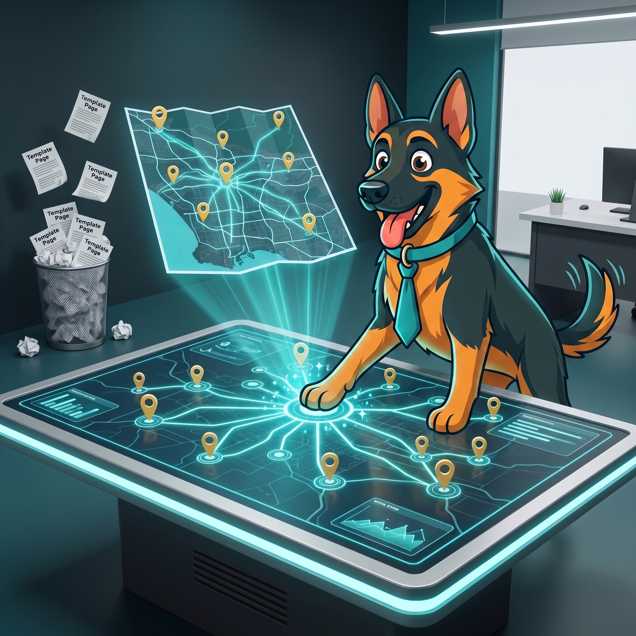 Cartoon German Shepherd wearing a tie stands at a glowing touch-screen table mapping out localized regional relevance with digital map pins