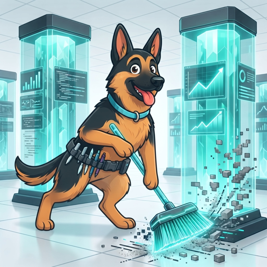 Cartoon German Shepherd sweeping away digital pixel debris with a glowing broom inside a room filled with server towers