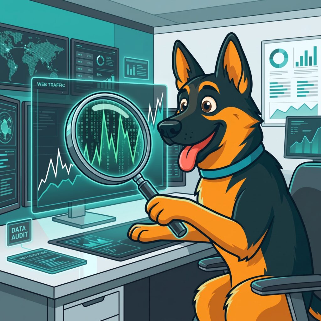 Cartoon German Shepherd sitting at a desk looking through a large glowing magnifying glass at web traffic line graphs on a computer monitor.