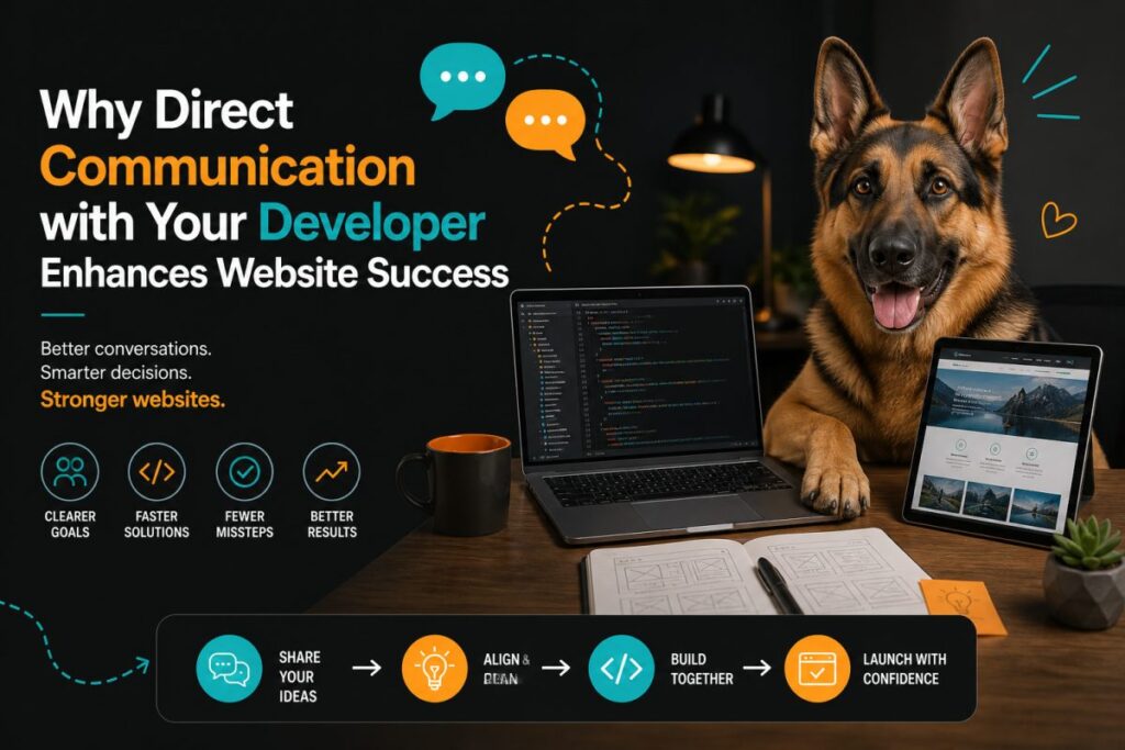 Image alt text suggestion: "Developer and small business owner discussing website design on laptop screen"