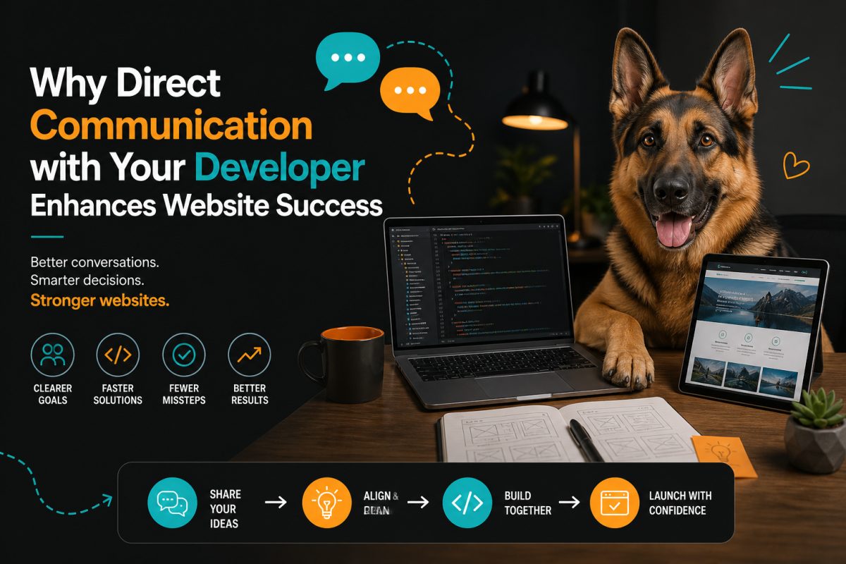 Image alt text suggestion: "Developer and small business owner discussing website design on laptop screen"