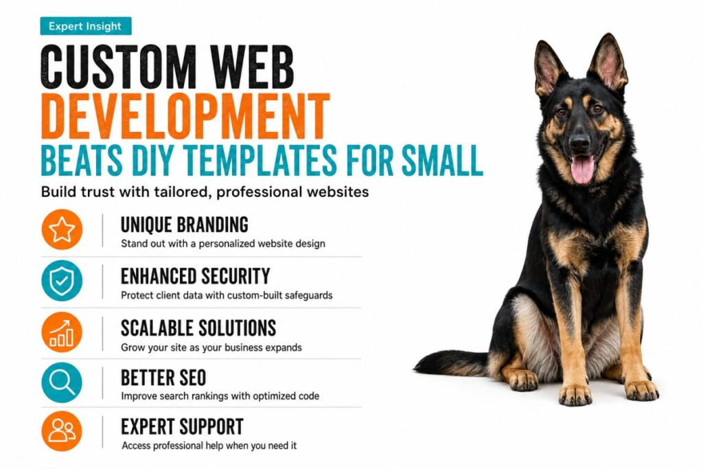 Screenshot of a custom-built security firm website homepage with clean design and client testimonials